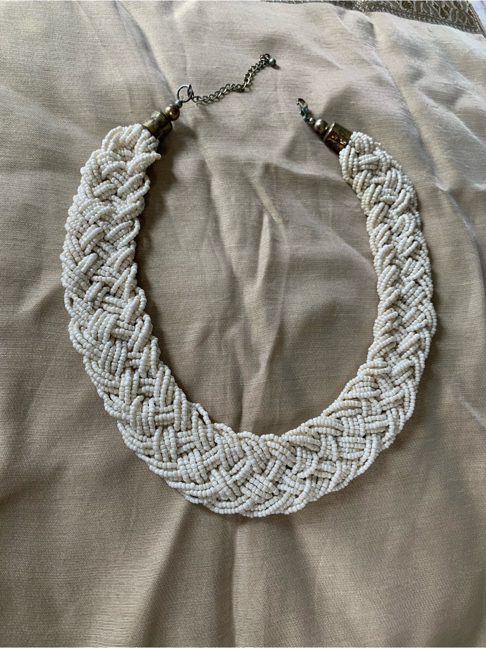White Braided Seed Bead Multiple Layers Necklace with Lobster Clasp 16" Adjustab